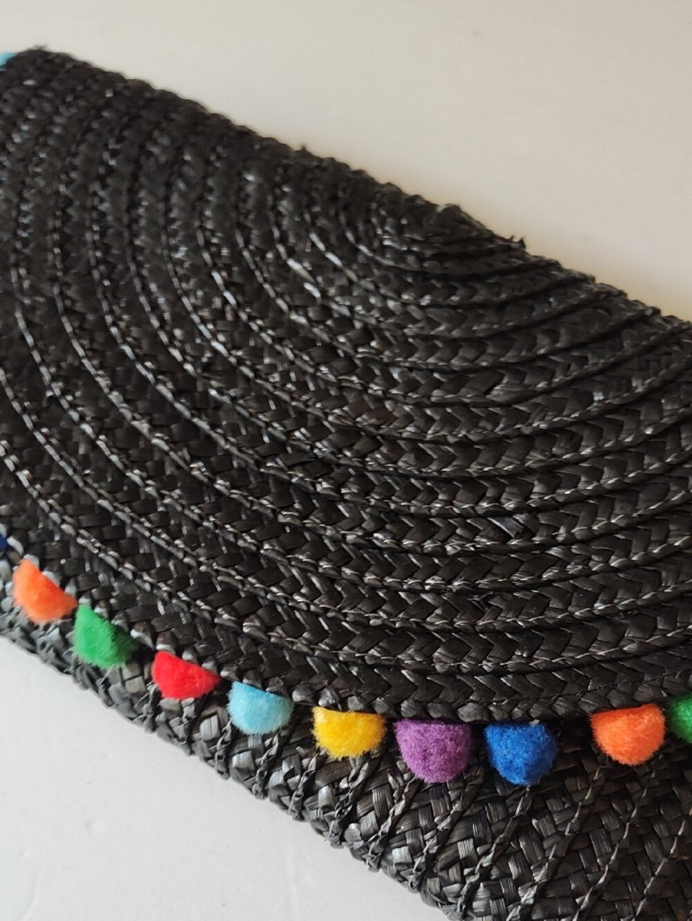 Black Straw Woven Multicolor Pom-Pom Clutch Purse - Picture 4 of 9